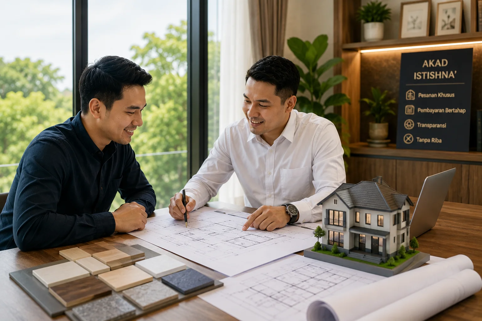 Konsultasi desain rumah custom dengan arsitek sebelum menandatangani akad istishna