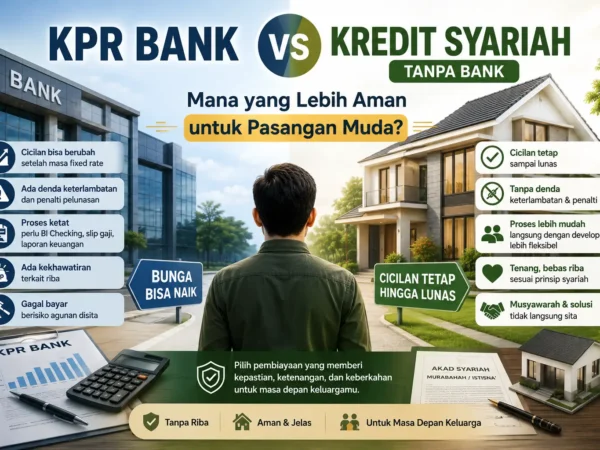 KPR Bank vs Kredit Syariah Tanpa Bank, perbandingan cicilan rumah untuk pasangan muda dengan keunggulan cicilan tetap hingga lunas tanpa riba.