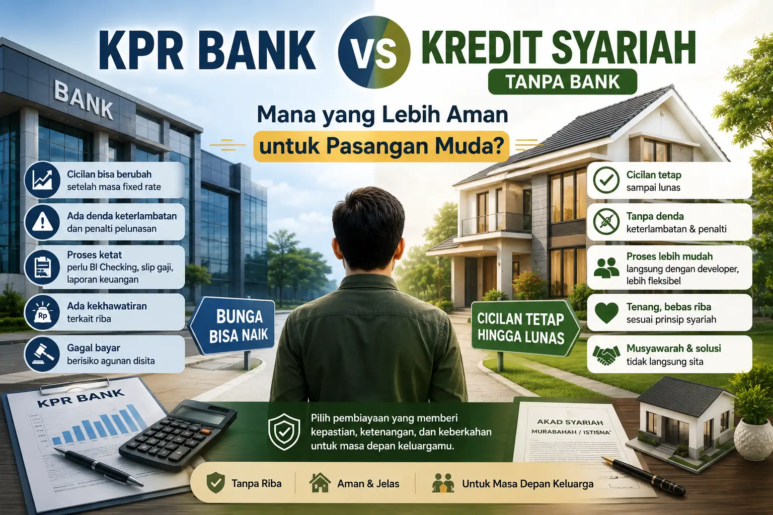 KPR Bank vs Kredit Syariah Tanpa Bank, perbandingan cicilan rumah untuk pasangan muda dengan keunggulan cicilan tetap hingga lunas tanpa riba.